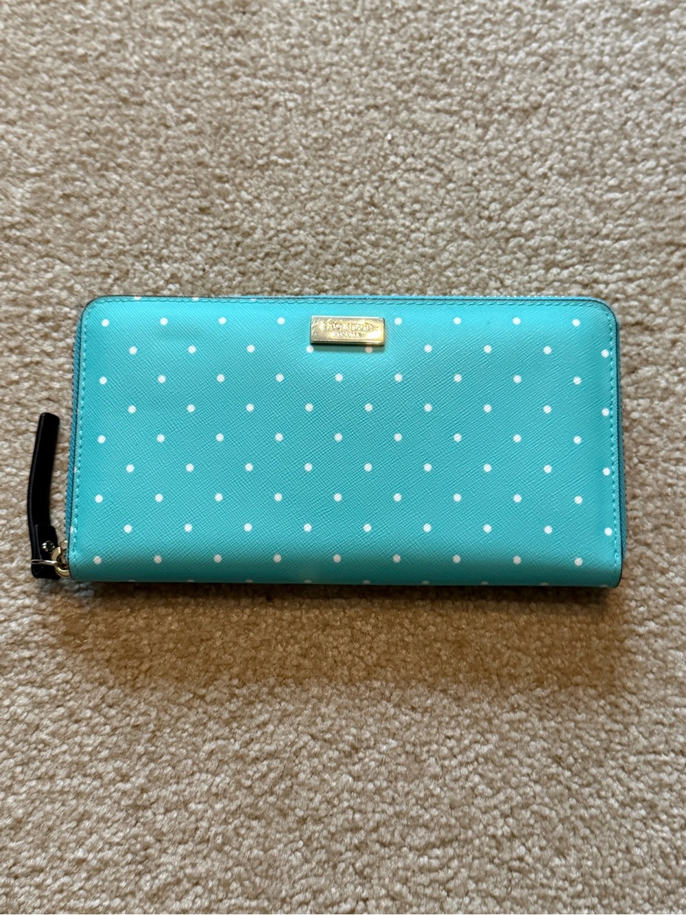 kate spade Aqua Polka Dot Zip Wallet with Gold Hardware